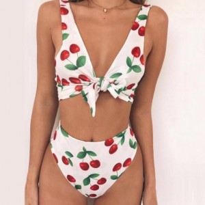 Cherry Prints Bandage Fashion Split Bikini Swimwear