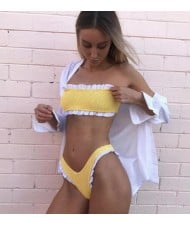Flounce Decorated Solid Color Split Fashion Bikini Swimwear - Yellow