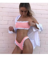 Flounce Decorated Solid Color Split Fashion Bikini Swimwear - Pink