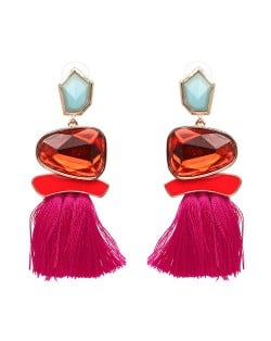 Irregular Resin Gems Inlaid Cotton Threads Tassel Fashion Earrings - Rose