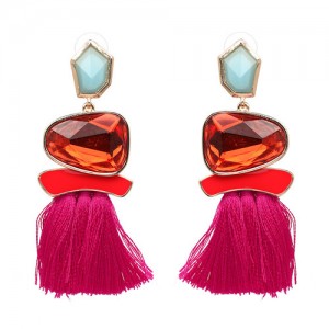 Irregular Resin Gems Inlaid Cotton Threads Tassel Fashion Earrings - Rose