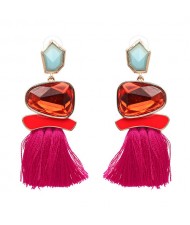Irregular Resin Gems Inlaid Cotton Threads Tassel Fashion Earrings - Rose