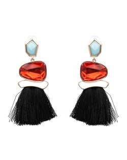 Irregular Resin Gems Inlaid Cotton Threads Tassel Fashion Earrings - Black