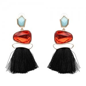 Irregular Resin Gems Inlaid Cotton Threads Tassel Fashion Earrings - Black