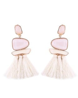 Irregular Resin Gems Inlaid Cotton Threads Tassel Fashion Earrings - White
