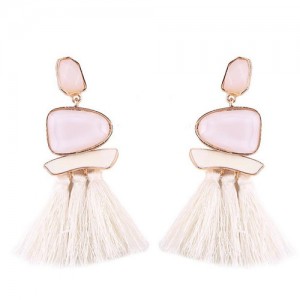 Irregular Resin Gems Inlaid Cotton Threads Tassel Fashion Earrings - White