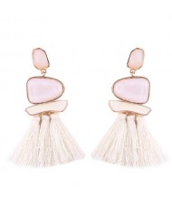 Irregular Resin Gems Inlaid Cotton Threads Tassel Fashion Earrings - White