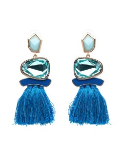 Irregular Resin Gems Inlaid Cotton Threads Tassel Fashion Earrings - Blue