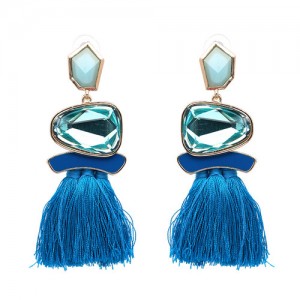 Irregular Resin Gems Inlaid Cotton Threads Tassel Fashion Earrings - Blue