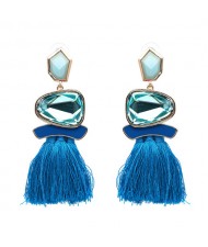 Irregular Resin Gems Inlaid Cotton Threads Tassel Fashion Earrings - Blue