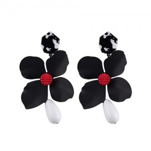 Vivid Chunky Flower Dangling Fashion Women Statement Earrings - Black