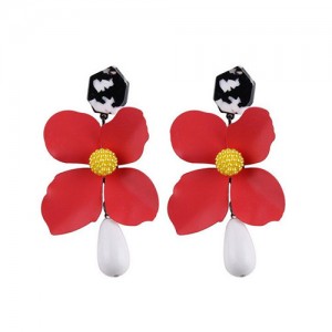 Vivid Chunky Flower Dangling Fashion Women Statement Earrings - Red