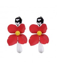 Vivid Chunky Flower Dangling Fashion Women Statement Earrings - Red