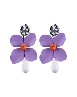 Vivid Chunky Flower Dangling Fashion Women Statement Earrings - Purple