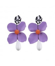 Vivid Chunky Flower Dangling Fashion Women Statement Earrings - Purple