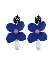 Vivid Chunky Flower Dangling Fashion Women Statement Earrings - Blue