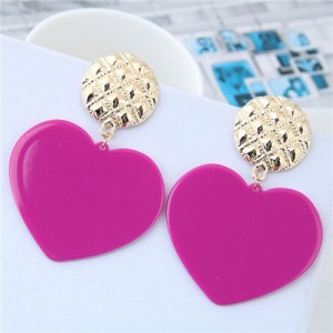 Dangling Heart Bold High Fashion Women Statement Earrings - Purple