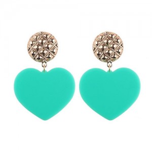 Dangling Heart Bold High Fashion Women Statement Earrings - Light Green