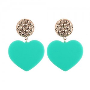 Dangling Heart Bold High Fashion Women Statement Earrings - Light Green
