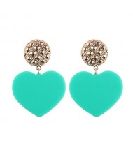Dangling Heart Bold High Fashion Women Statement Earrings - Light Green
