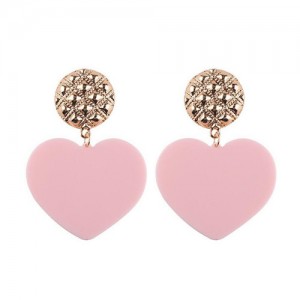 Dangling Heart Bold High Fashion Women Statement Earrings - Pink
