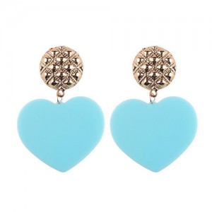 Dangling Heart Bold High Fashion Women Statement Earrings - Blue