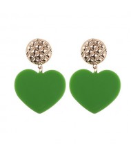 Dangling Heart Bold High Fashion Women Statement Earrings - Green