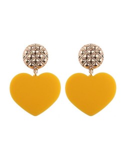 Dangling Heart Bold High Fashion Women Statement Earrings - Yellow