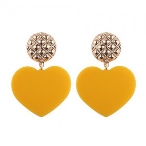 Dangling Heart Bold High Fashion Women Statement Earrings - Yellow