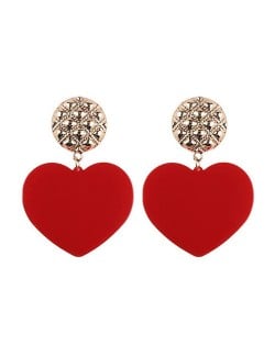 Dangling Heart Bold High Fashion Women Statement Earrings - Red