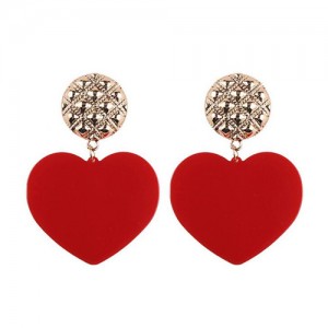 Dangling Heart Bold High Fashion Women Statement Earrings - Red
