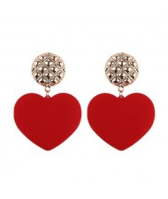 Dangling Heart Bold High Fashion Women Statement Earrings - Red