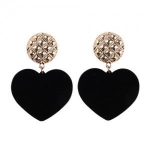 Dangling Heart Bold High Fashion Women Statement Earrings - Black