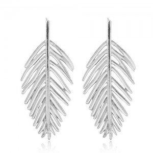 Hollow Leaf Bold Fashion Women Statement Alloy Earrings - Silver