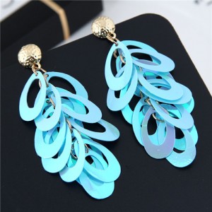 Resin Leaves Cluster Dangling Pendant Design High Fashion Costume Earrings - Blue