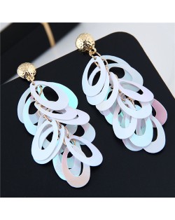 Resin Leaves Cluster Dangling Pendant Design High Fashion Costume Earrings - White