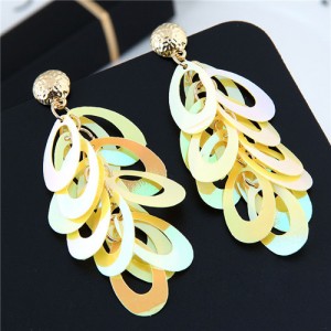 Resin Leaves Cluster Dangling Pendant Design High Fashion Costume Earrings - Yellow