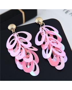Resin Leaves Cluster Dangling Pendant Design High Fashion Costume Earrings - Pink