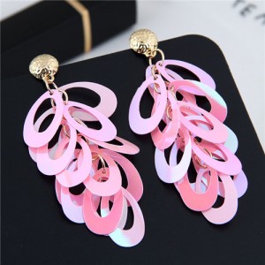 Resin Leaves Cluster Dangling Pendant Design High Fashion Costume Earrings - Pink