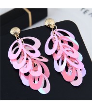 Resin Leaves Cluster Dangling Pendant Design High Fashion Costume Earrings - Pink
