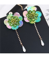 Glistening Flower with Bead Tassel Design Summer Fashion Costume Earrings - Green