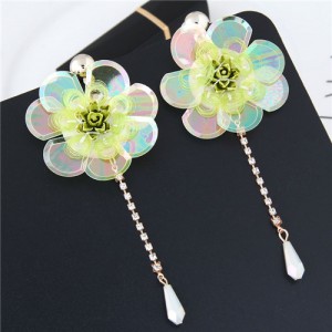 Glistening Flower with Bead Tassel Design Summer Fashion Costume Earrings - Yellow