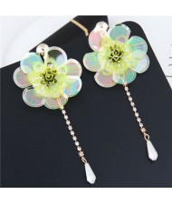 Glistening Flower with Bead Tassel Design Summer Fashion Costume Earrings - Yellow