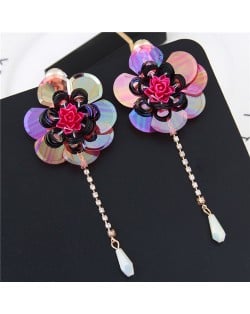 Glistening Flower with Bead Tassel Design Summer Fashion Costume Earrings - Red