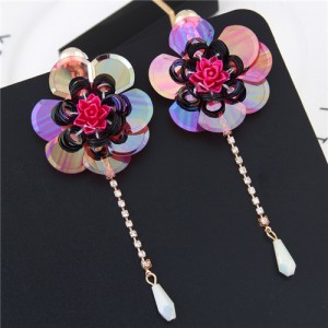 Glistening Flower with Bead Tassel Design Summer Fashion Costume Earrings - Red
