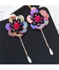 Glistening Flower with Bead Tassel Design Summer Fashion Costume Earrings - Red