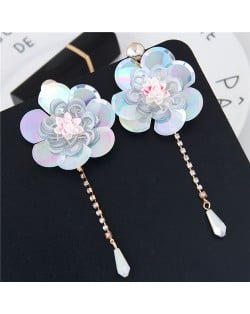 Glistening Flower with Bead Tassel Design Summer Fashion Costume Earrings - White