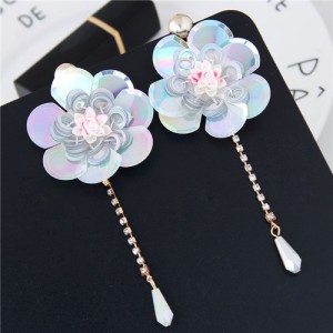 Glistening Flower with Bead Tassel Design Summer Fashion Costume Earrings - White
