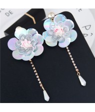 Glistening Flower with Bead Tassel Design Summer Fashion Costume Earrings - White