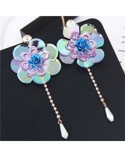 Glistening Flower with Bead Tassel Design Summer Fashion Costume Earrings - Blue